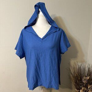 Reference Point Women Blue Crop Striped Short Sleeve Hoodie Top Cotton Size XL